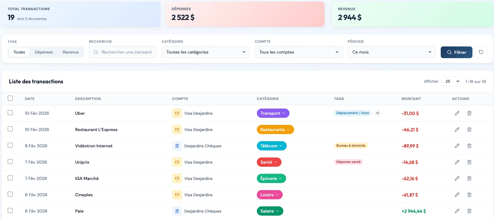 Liste des transactions dans Piastro